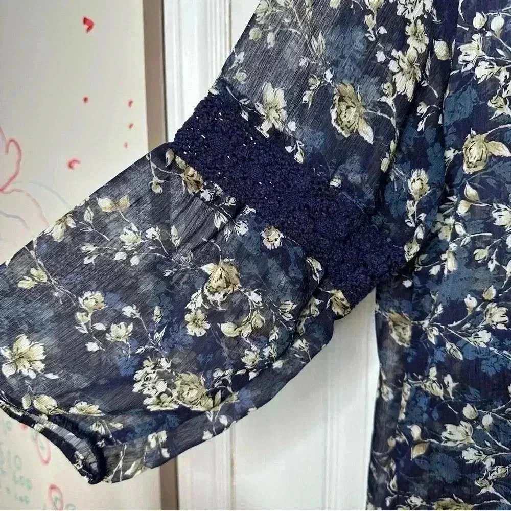 Denver Hayes Boho Blouse Sheet Flowy Floral Blue/White/Brown Size Extra Large - Picture 15 of 16